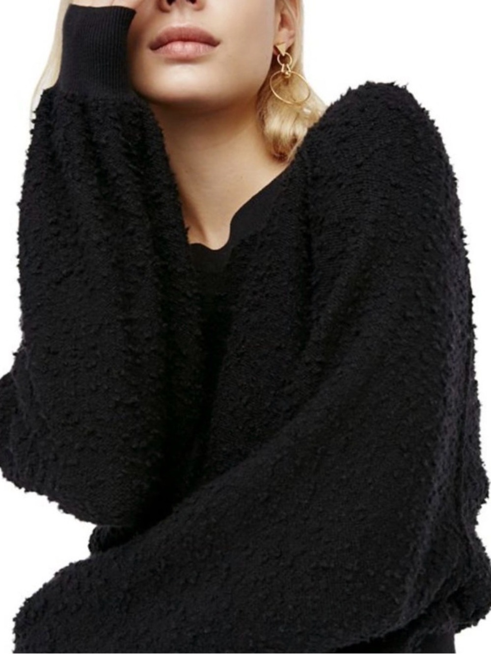 Free People Black Textured Balloon-Sleeve Sweatshirt